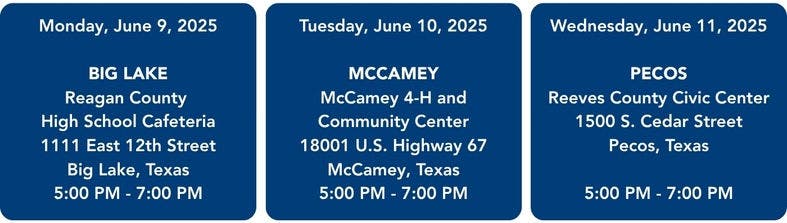 Big Hill meetings - 1 Table shows meeting locations and dates
