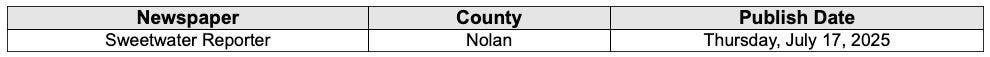 Two column table showing published dates on local newspapers.