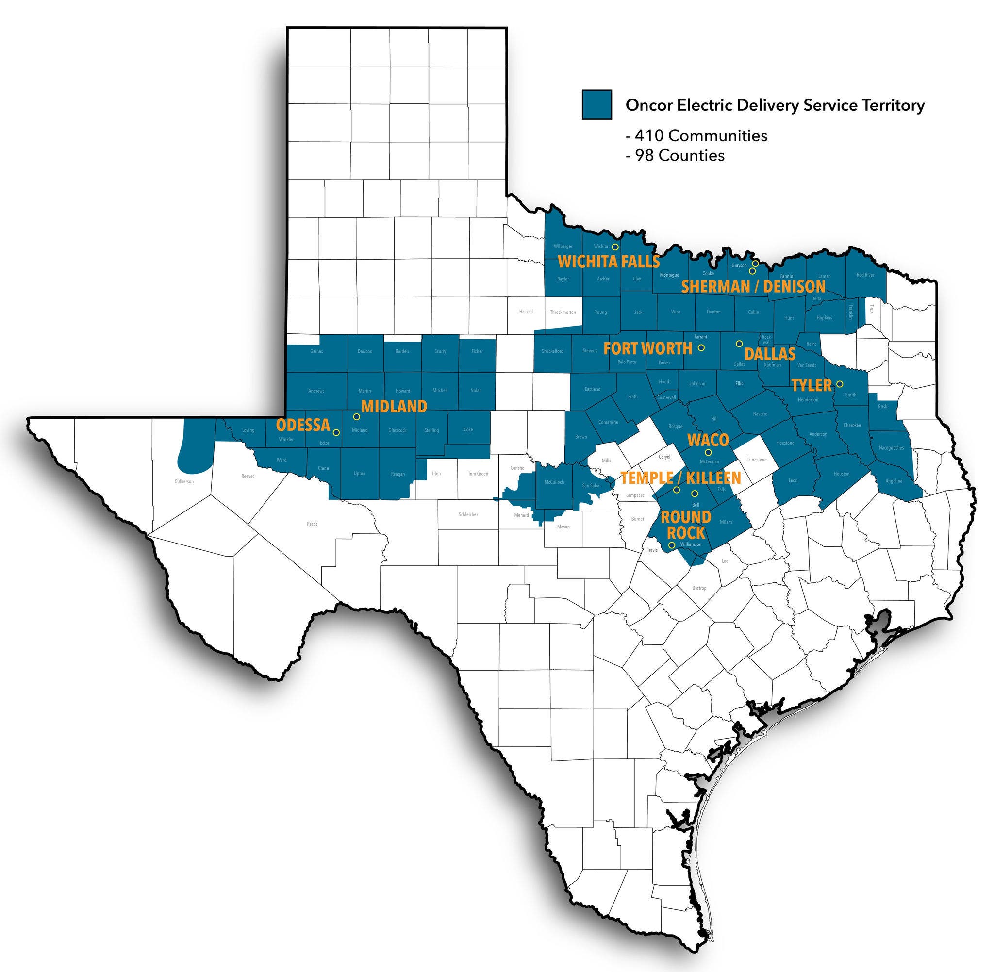 Updated Oncor Distribution Map Nov 23 Map of Texas showing the Oncor Service Territory