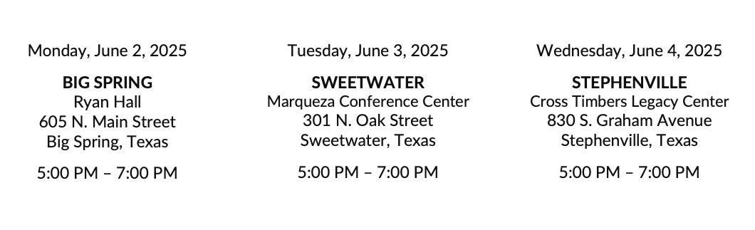 Public meetings schedule and locations.