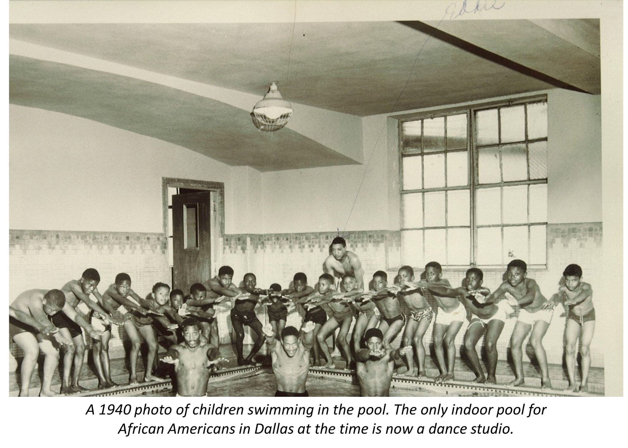POWERING THE LARGEST, LONGEST STANDING DALLAS DANCE COMPANY 1940 picture of kids swimming in pool that is now a dance studio